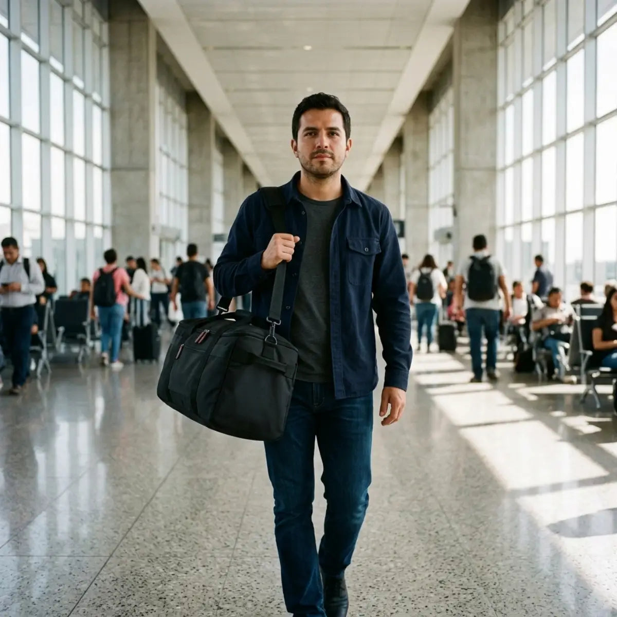 Hombre en el aeropuerto con su Novaire Abordo negra al hombro