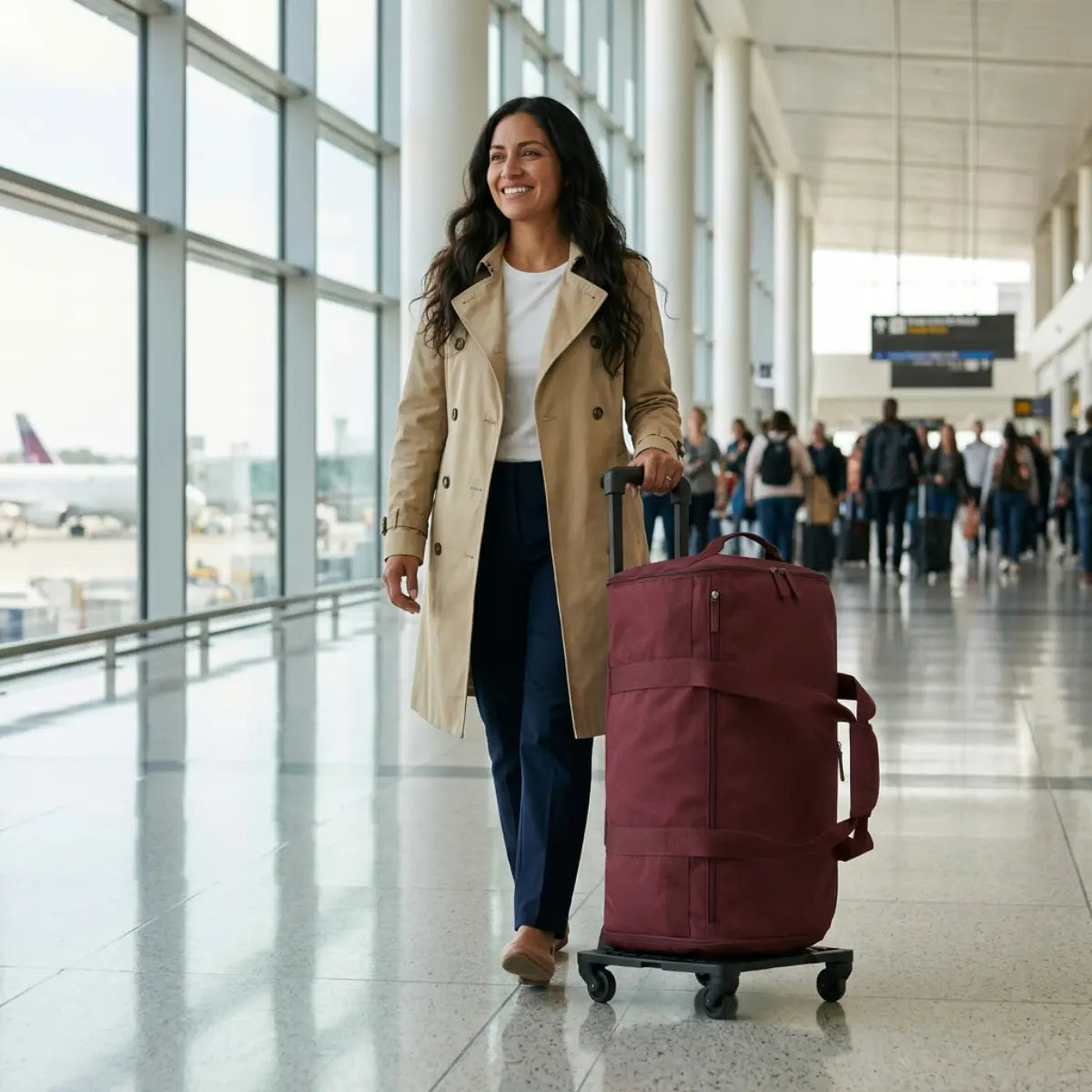 Mujer rodando su Novaire Abordo vino en la terminal